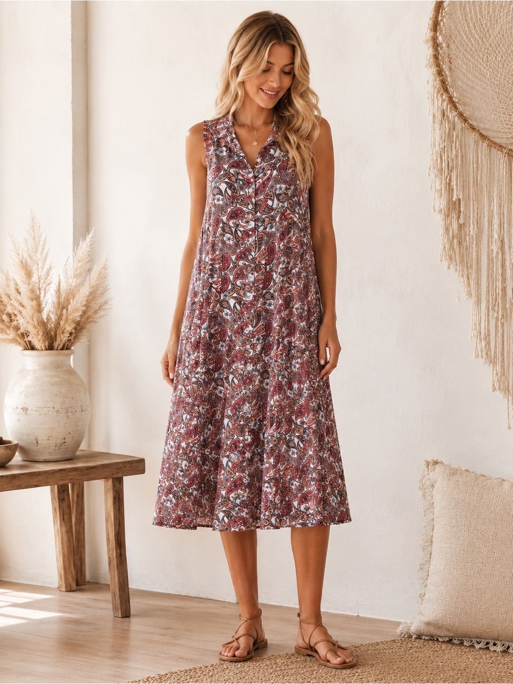 Riviera Sleeveless Midi Dress in Brown and Burgundy Paisley Boho Chic Aesthetic